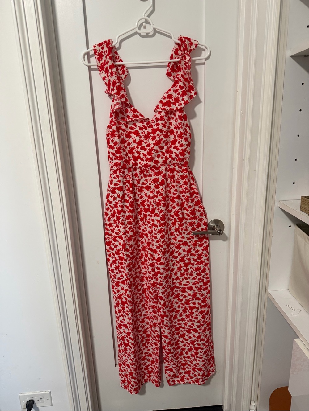 Mango Red Floral Ruffle Strap Jumpsuit